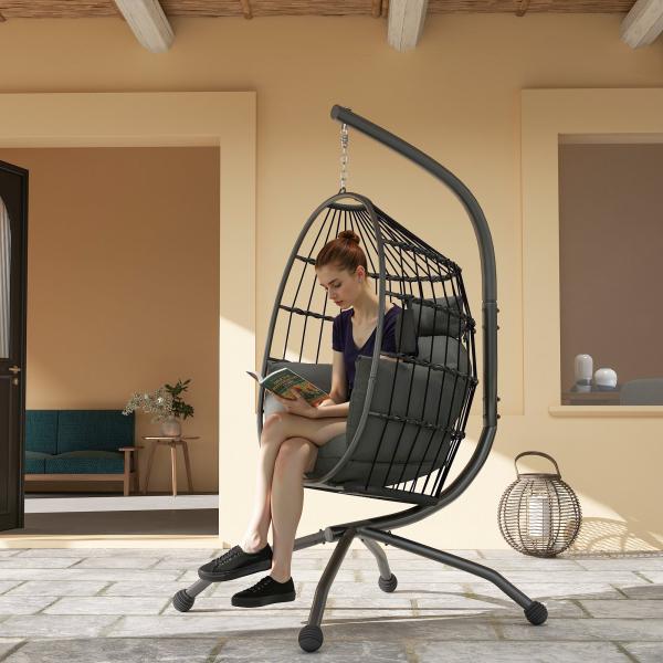 Cadeira Suspensa com Suporte Cadeira Baloiço de Jardim com Cesto Dobrável Almofada e Apoio para a Cabeça 120x88x192 cm Preto