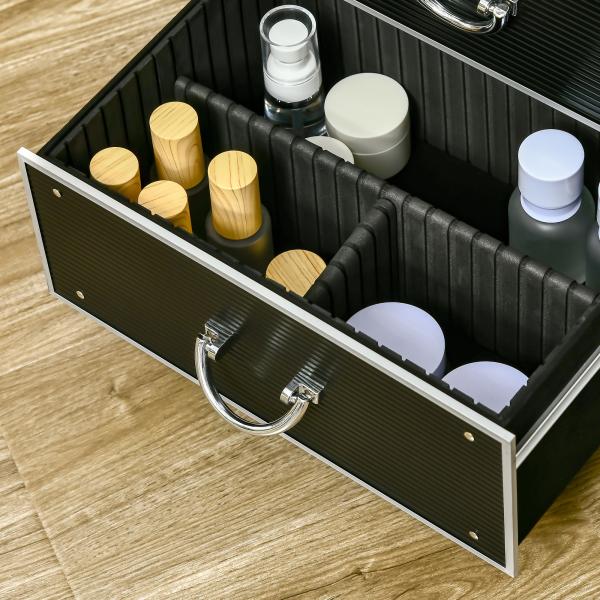 Mala de Maquilhagem Professional com Rodas 6 Gavetas Extensíveis Fechadura 2 Chaves e Alça Retrátil 36x23x58cm Preto