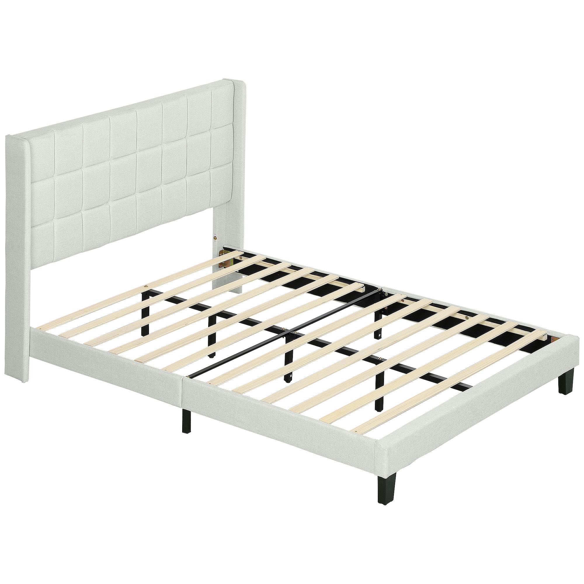 Cama de Casal 135x190 cm com Cabeceira Estofada com Laterais e Arrumação Inferior, Bege