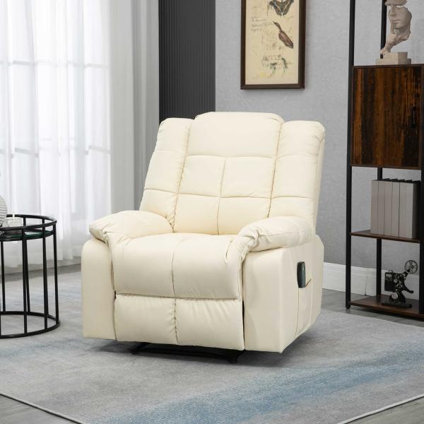 Poltrona de Massagem Poltrona Relax Reclinável com 8 Pontos de Massagem Controlo Remoto Estofada em PU 94x99x99 cm Creme