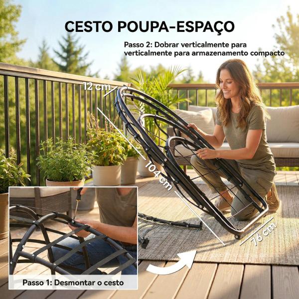 Cadeira Suspensa Tipo Ovo com Suporte Cesto Dobrável Apoio de Cabeça Almofada Bolso Lateral Capacidade 120 kg Cinzento Escuro