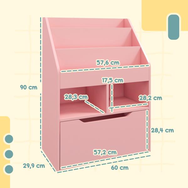 Estante de Madeira para Brinquedos com 3 Compartimentos 2 Prateleiras e Gaveta Móvel com 4 Rodas 60x29,9x90 cm Rosa