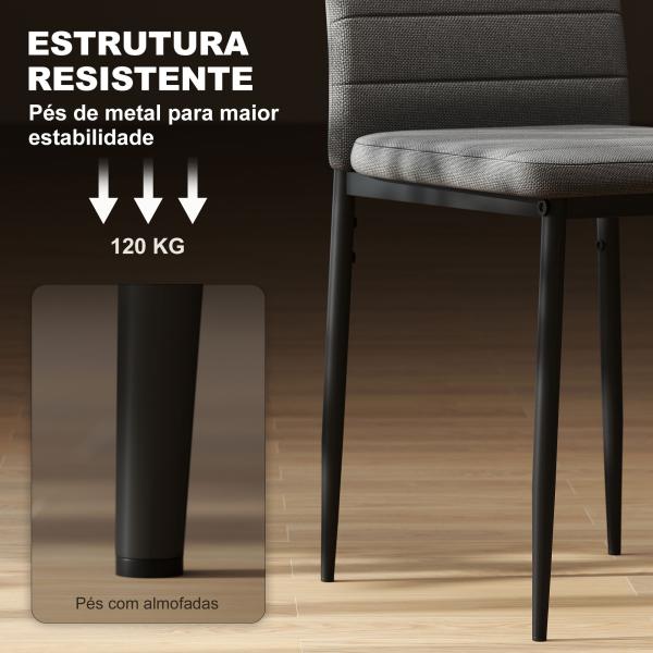 Conjunto de 6 Cadeiras de Sala de Jantar Estofadas em Linho e Pés de Metal para Cozinha Carga Máxima 120kg 41x50x97 cm Cinza