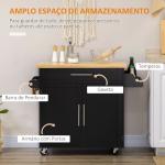 Ilha de Cozinha com Armário Portas e Prateleira Interior Ajustável Gaveta Barra e Suporte para Temperos Móvel Aparador Auxiliar com Rodas para Sala de Jantar 109x40x89cm Preto