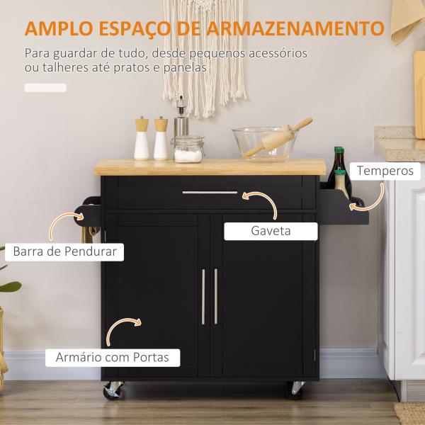 Ilha de Cozinha com Armário Portas e Prateleira Interior Ajustável Gaveta Barra e Suporte para Temperos Móvel Aparador Auxiliar com Rodas para Sala de Jantar 109x40x89cm Preto