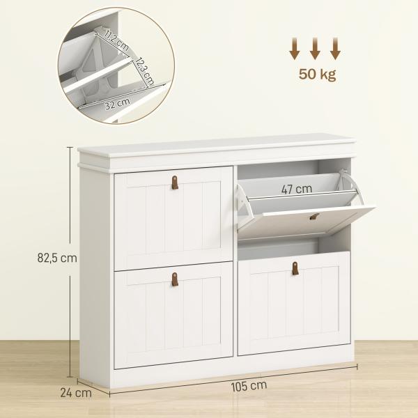 Móvel Sapateira Branco Sapateira Estreita com 4 Portas e Prateleira Ajustável para 20 Pares de Sapatos 105x24x82,5 cm Branco