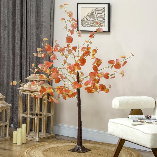 Árvore de Eucalipto Artificial 150 cm Árvore Artificial com 245 Luzes LED e Base Decoração Laranja e Marrom