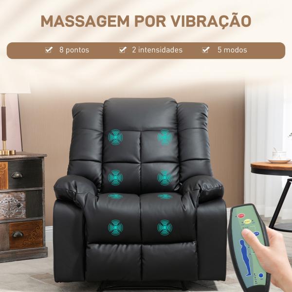 Poltrona de Massagem Poltrona Relax Reclinável com 8 Pontos de Massagem Controlo Remoto Estofada em PU 94x99x99 cm Preto