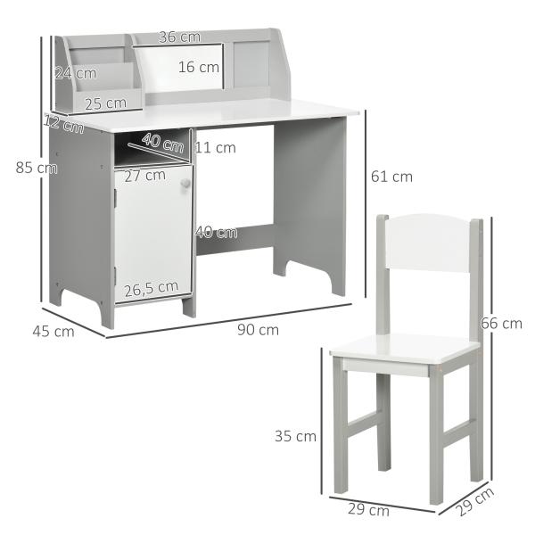 Conjunto de Mesa e Cadeira Infantil de Madeira com Quadro Branco Mesa de Estudo para Crianças acima de 5 Anos 90x45x85cm Cinza