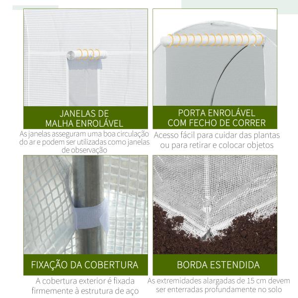Estufa tipo Túnel 445x200x200 cm com Porta Enrolável e 6 Janelas Cobertura de PE 140 g/m² Anti - UV Branco