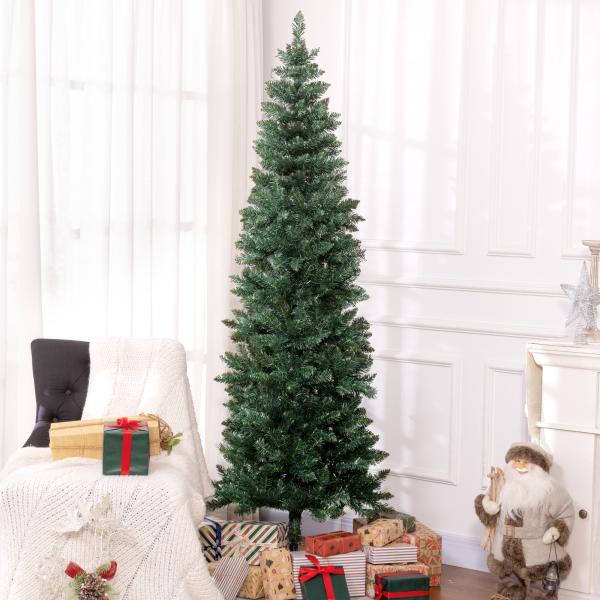 Árvore de Natal Tipo Lápis 210 cm com Base Dobrável e 687 Ramos para Escritório Verde