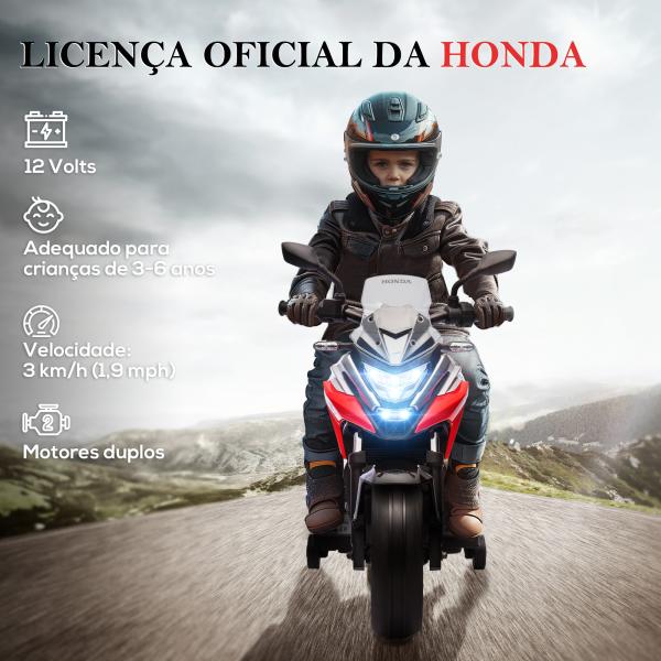 Moto Elétrica para Crianças de 3 - 6 Anos com Licença Honda com USB MP3 Luz LED e Velocidade 3 km/h Carga 30 kg Vermelho
