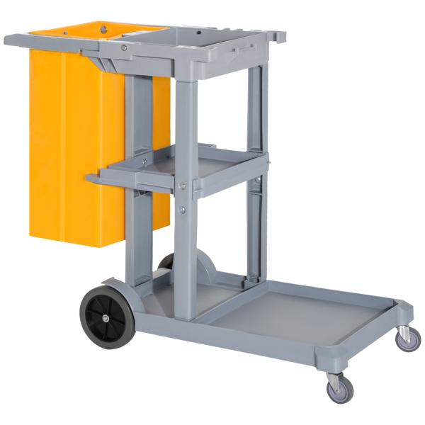 Carro de Limpeza com Bolsa de 100L Carro de Limpeza Profissional com 3 Prateleiras e Plataforma 121x50,5x96,5 cm Cinza e Amarelo