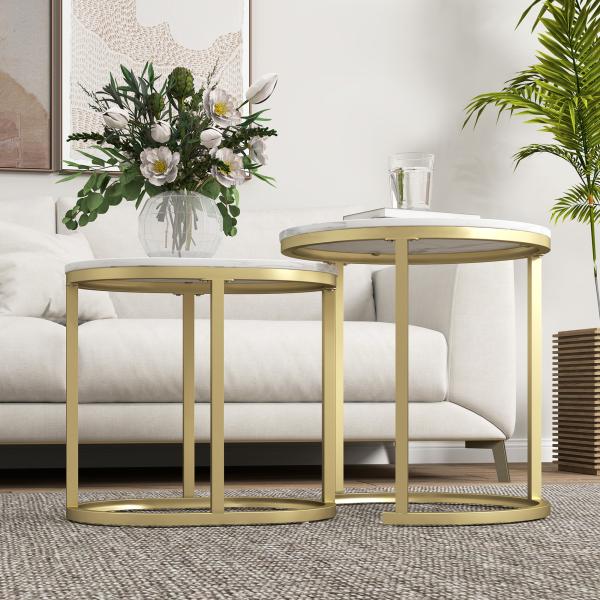 Conjunto de 2 Mesas de Centro Mesas Auxiliares Modernas com Bancada de Efeito Mármore e Estrutura de Aço para Sala Quarto Dourado