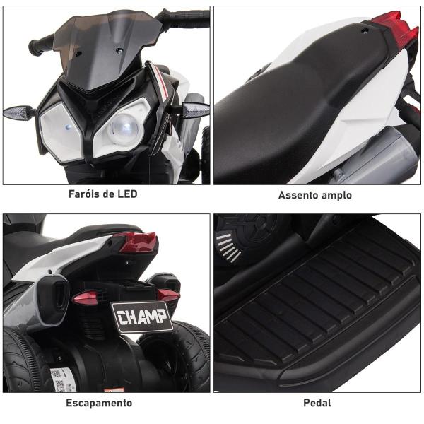 Mota Elétrica Infantil com 3 Rodas Bateria 6V Recarregável Música e Luz Passeio Buzina Faróis Crianças +3 Anos Preto e Branco 86x42x52 cm