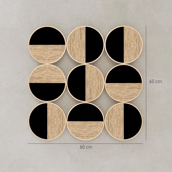 Quadro Decorativo de Parede Geométrico Decoração de Parede Moderno 3D 60x60 cm com Espelho de Plástico Preto e Madeira