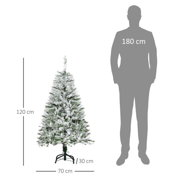 Árvore de Natal Artificial 120 cm com Neve Ignífugo com 200 Ramos Folhas de PVC Abertura Automática Base Dobrável Verde
