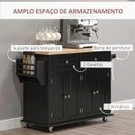 Ilha de Cozinha com Rodas 2 Gavetas 4 Portas Suporte para Temperos e Barra Lateral 111x44,5x82,5 cm Preto e Madeira