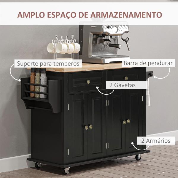 Ilha de Cozinha com Rodas 2 Gavetas 4 Portas Suporte para Temperos e Barra Lateral 111x44,5x82,5 cm Preto e Madeira