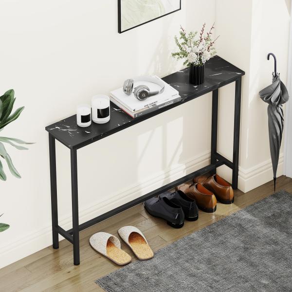 Mesa Consola Moderna Consola de Entrada Estreita com Superfície com Efeito Mármore e Estrutura de Metal 100x20x66 cm Preto