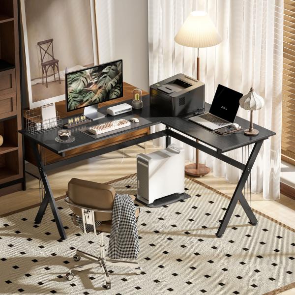Secretária para PC Computador Secretária de canto angular para escritório 155x130x76cm Madeira preta