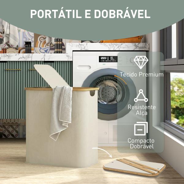 Cesto para Roupa Suja Dobrável com Tampa 80 L em Tecido Não Tecido, 2 Compartimentos, Asas, 54x34x58,5 cm, Bege