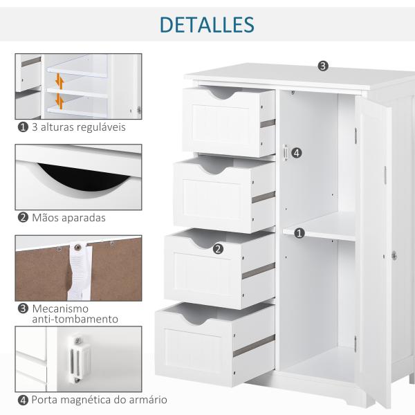 Armário Casa de Banho Móvel Auxiliar Organizador Moderno de Madeira com 1 Armário e Gavetas 56x30x83 cm Branco