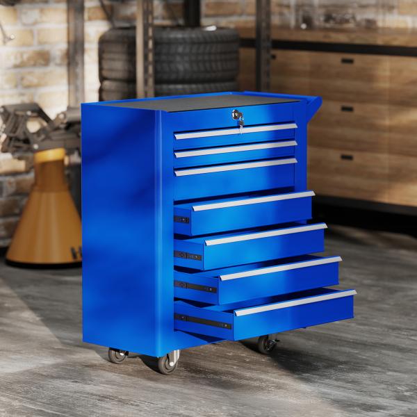 Carrinho de Ferramentas com 7 Gavetas Carrinho de Oficina com Fechadura Pega 2 Rodas com Travão 69x33x75 cm Azul