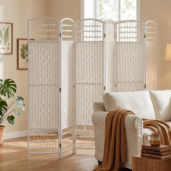 Biombo Separador de Ambientes de 6 Painéis Dobrável em Corda de Papel 160x170 cm Decoração para Quarto Branco