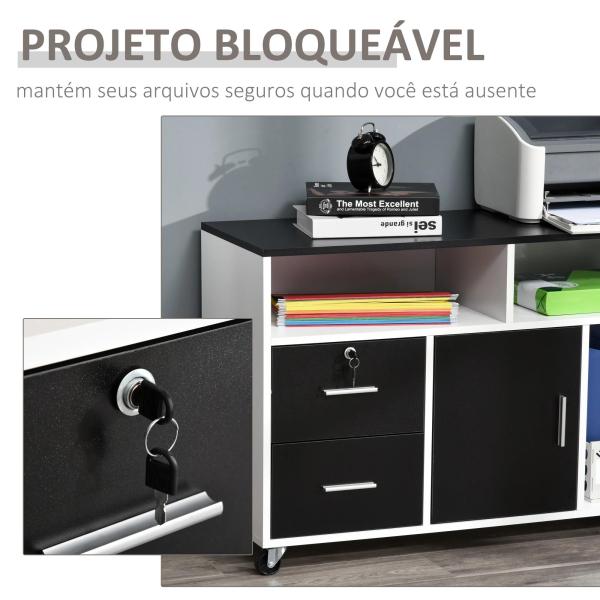Móvel Auxiliar de Escritório Móvel Arquivador com Rodas Prateleiras Gaveta e Armário Multiuso com Grande Armazenamento 100x35x65cm Preto e Branco