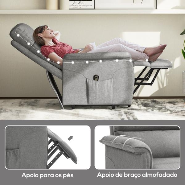 Poltrona Relax Reclinável Elétrica Poltrona Levanta Pessoas com Controlo Remoto e Bolso Lateral 66x90x96 cm Cinza