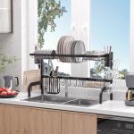 Escorredor de Louça de Aço de 2 Níveis com Prateleira para Pratos Suporte para Facas e Talheres 100x30x52,5cm Preto