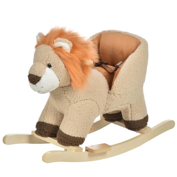 Baloiço Infantil em Forma de Leão de Pelúcia para Bebés 18 - 39 Meses com Som Cinto de Segurança Guidão Apoio para os Pés 68x35x50cm Marrom