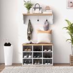 Móvel Cabide de Entrada com Banco Sapateira 2 em 1 Móveis de Entrada com 3 Ganchos 75x30x50 cm e 75x20x22,5 cm Branco