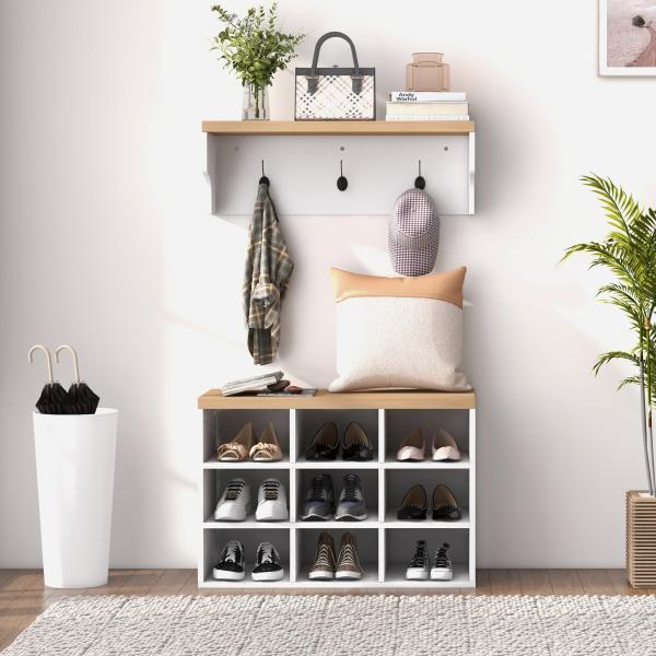 Móvel Cabide de Entrada com Banco Sapateira 2 em 1 Móveis de Entrada com 3 Ganchos 75x30x50 cm e 75x20x22,5 cm Branco