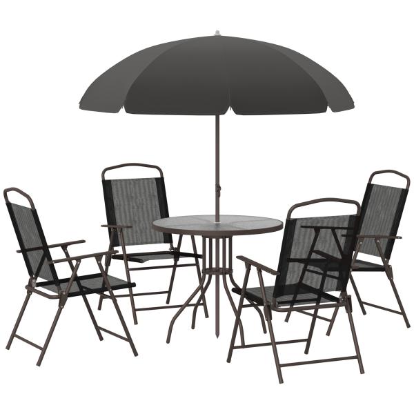 Conjunto de Jardim Refeição 6 Peças com 4 Cadeiras Dobráveis 1 Mesa com Bancada de Vidro e 1 Chapéu de Sol Preto