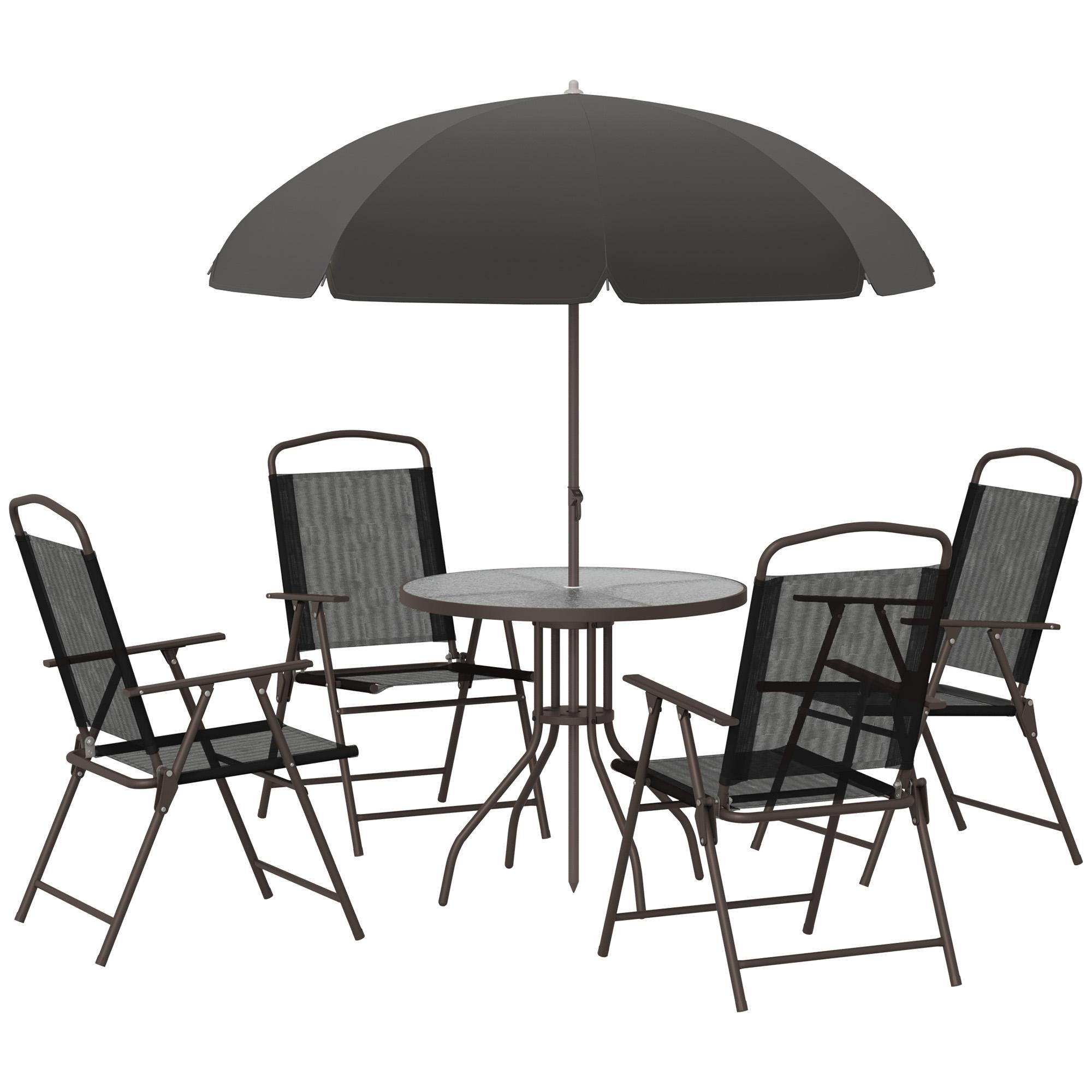 Conjunto de Jardim Refeição 6 Peças com 4 Cadeiras Dobráveis 1 Mesa com Bancada de Vidro e 1 Chapéu de Sol Preto