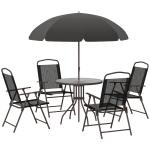 Conjunto de Jardim Refeição 6 Peças com 4 Cadeiras Dobráveis 1 Mesa com Bancada de Vidro e 1 Chapéu de Sol Preto