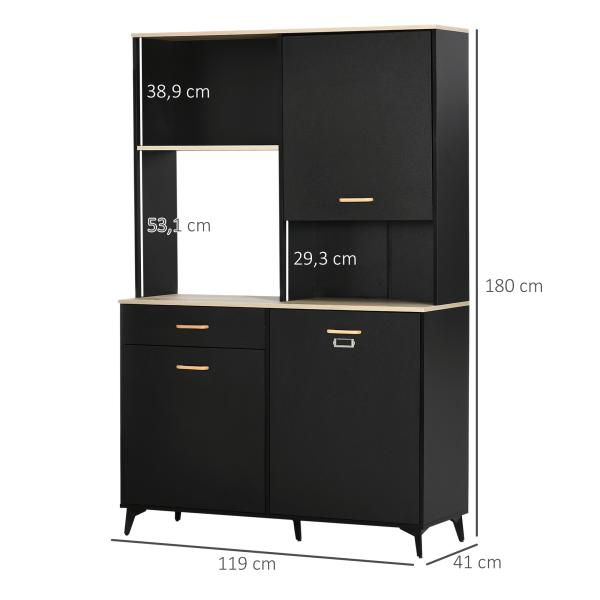Armário de Cozinha com 1 Gaveta 3 Portas e Armazenamento Aberto Estilo Moderno 119x41x180cm Preto