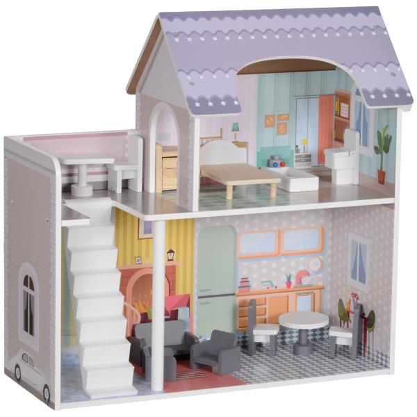 Casa de Bonecas com Móveis e Acessórios Casa de Bonecas de Madeira com Varanda e 2 Andares 60x26,6x60 cm Multicor