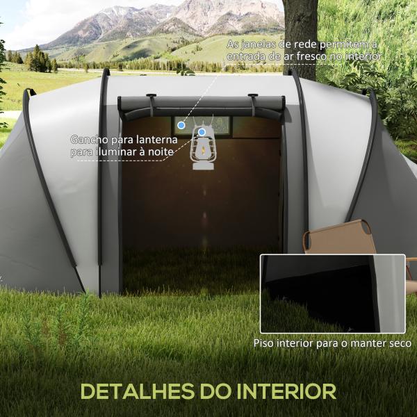 Tenda de Campismo Familiar para 4 - 5 Pessoas Impermeável 3000 mm com 2 Quartos Bolsa de Transporte e Gancho 450x220x180 cm Cinzento