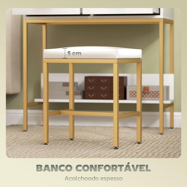 Toucador de Maquilhagem com Luz e Banco Mesa de Maquilhagem com 2 Gavetas e Prateleiras Estilo Moderno para Quarto Branco
