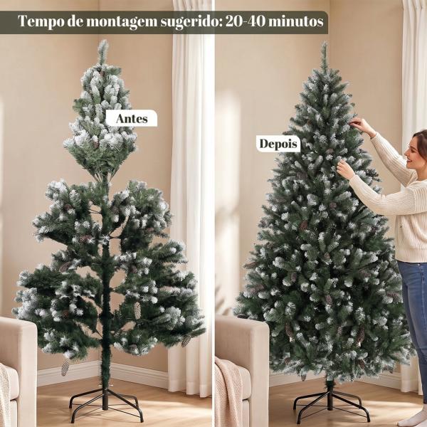 Árvore de Natal Artificial 180 cm com 802 Pontas Efeito Nevado, 59 Pinhas e Base Metálica Dobrável Verde e Branco