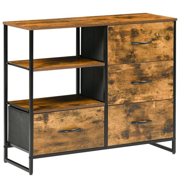 Cómoda com 4 Gavetas de Tecido Dobrável e 2 Prateleiras Abertas Estilo Industrial 84x30x71,4cm Marrom Rústico