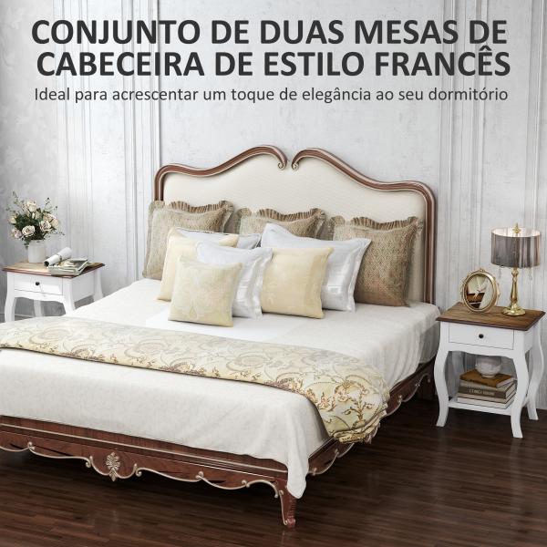 Conjunto de 2 Mesas de Cabeceira com Gaveta Estante Aberto e Bancada Efeito Carvalho Estilo Francês 45x35x55 cm Branco e Carvalho