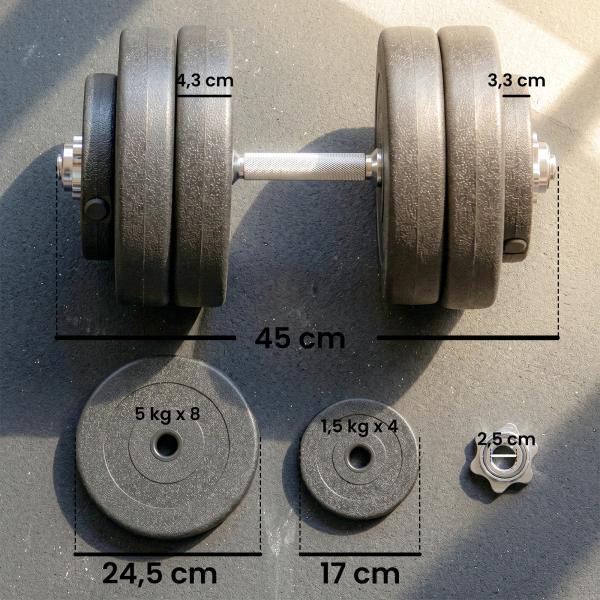 Conjunto de Halteres Ajustáveis Conjunto de Pesos 8x5kg 4x1,5kg e 2 Barras Total 50 kg Preto