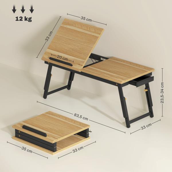 Mesa Reclinável para Cama e Sofá, Bandeja Dobrável com Gaveta Lateral para Portátil e Livros, 5 Alturas, Carvalho