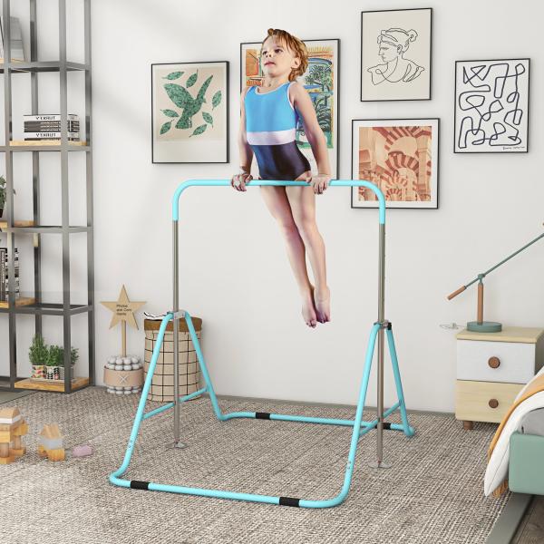 Barra de Ginástica para Crianças Dobrável com Altura Ajustável para Treino em Casa 154x106,2x88,5 - 128,5 cm Azul Celeste