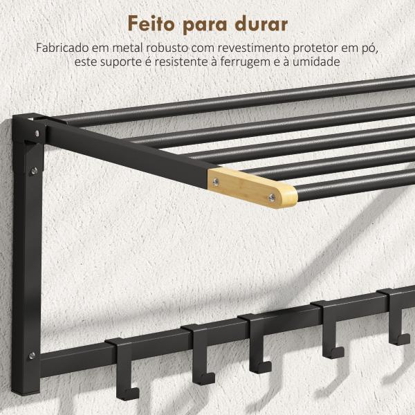 Toalheiro de Parede Dobrável com 5 Barras e 6 Ganchos Suporte para Toalhas para Casa de Banho Dobrável e Compacto 60x32,5x20 cm Preto