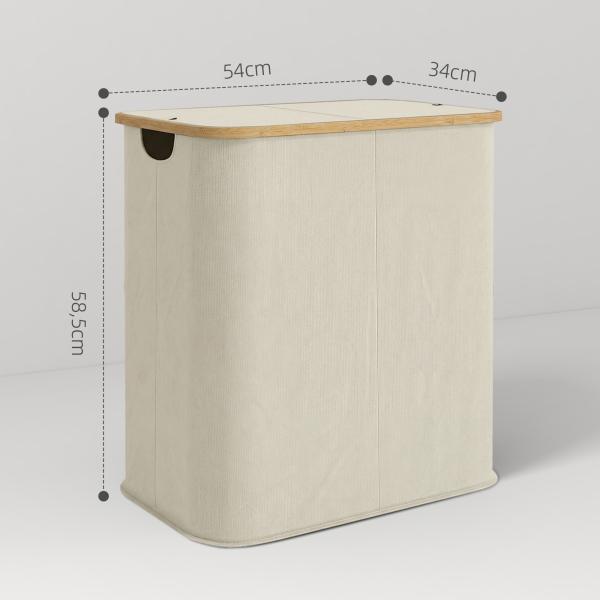 Cesto para Roupa Suja Dobrável com Tampa 80 L em Tecido Não Tecido, 2 Compartimentos, Asas, 54x34x58,5 cm, Bege